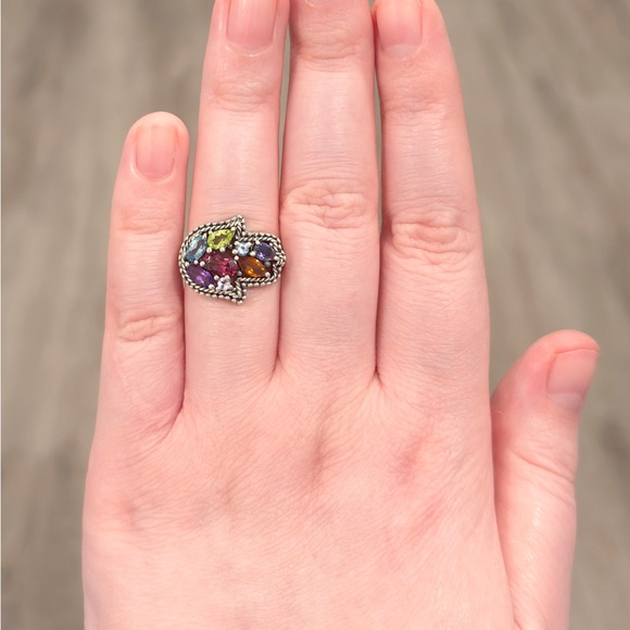 Vintage Silver Hamsa Gemstone Ring, Milgrain Sterling, Rainbow Gem, Size 6.25 - Picture 12 of 17